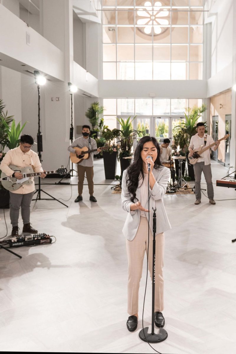 Willingdon Church Worship Band in the Lobby - archival photo from Easter 2020